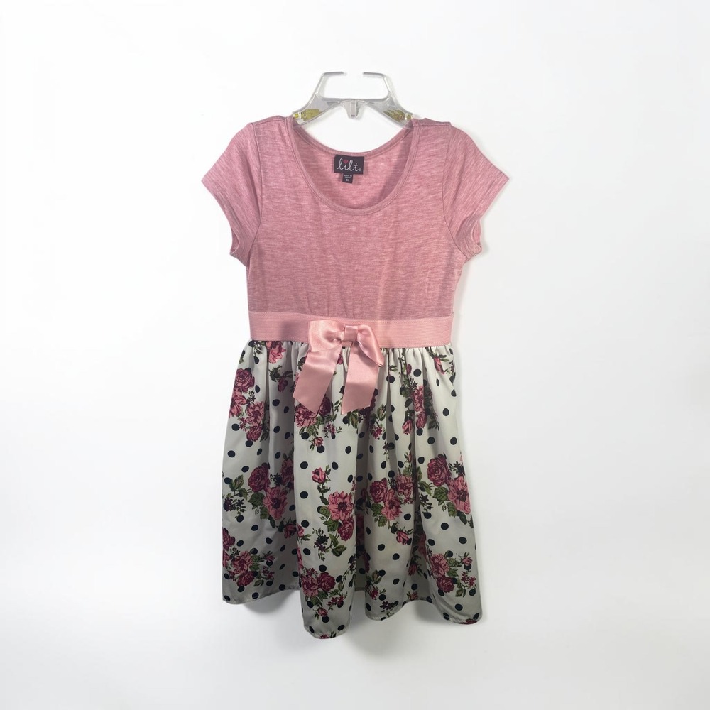Lilt Girls Pink Floral Polka Dot Bow Dress Size 6X Short Sleeve Mixed Media